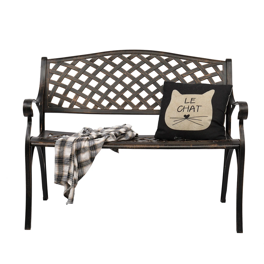 102x58x73CM Outdoor Cast Aluminum Bench With Mesh Backrest Seat Surface for Courtyard Park Decoration Bronze[US-W]