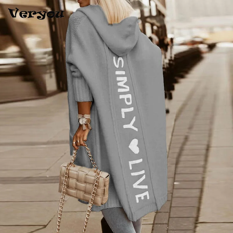 New Knitted Cardigan Women Hooded Letters Loose Sweaters Full Sleeves Fall Fashion New Streetwear for Women Oversized Cardigan