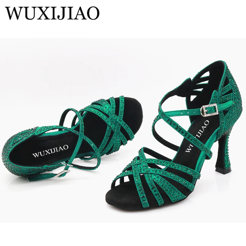 WUXIJIAO-zapatos de baile con diamantes de imitación para mujer, calzado de salón, jazz, color verde
