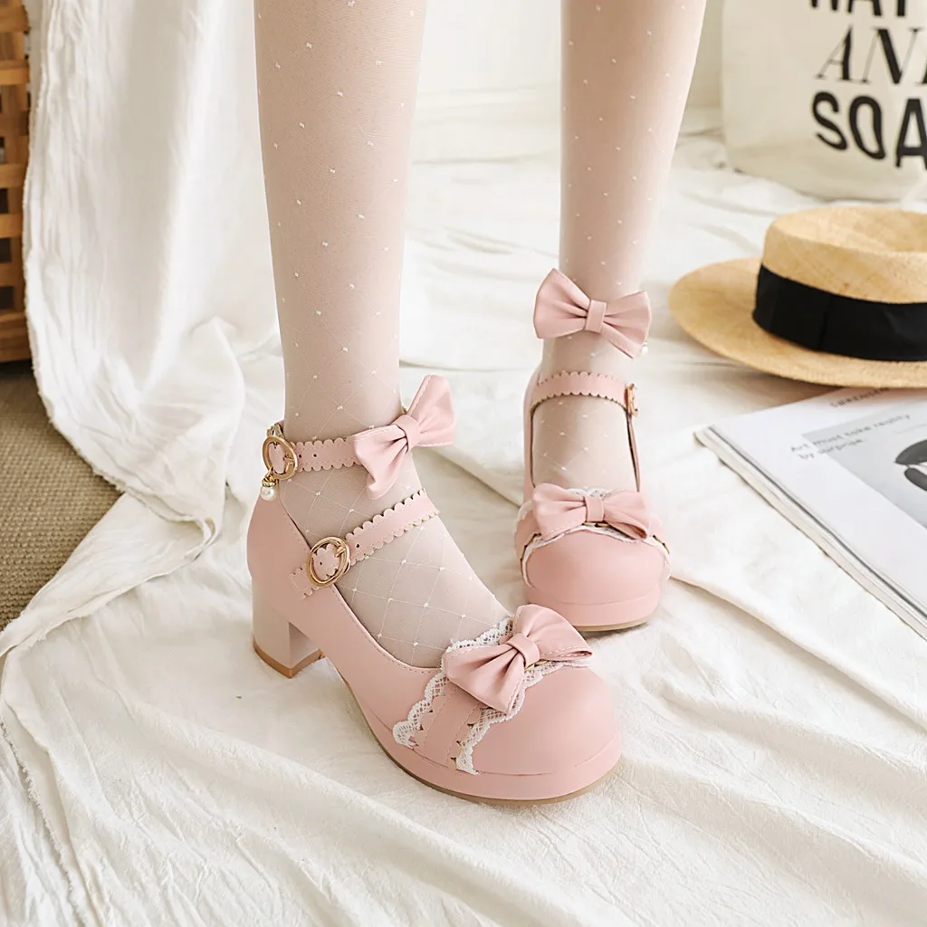 Lolita Girls Mary Janes Shoes Bowknot Princess Ruffles Japan Sweet Bride Wedding Party Dress Pumps Cosplay Pink Plus Size 34-48