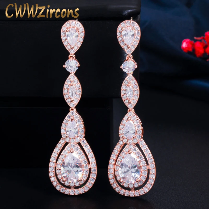 CWWZircons Rose Gold Color Luxury Long Dangle Round Water Drop Elegant CZ Earrings for Women Bridal Wedding Jewelry Dress CZ766