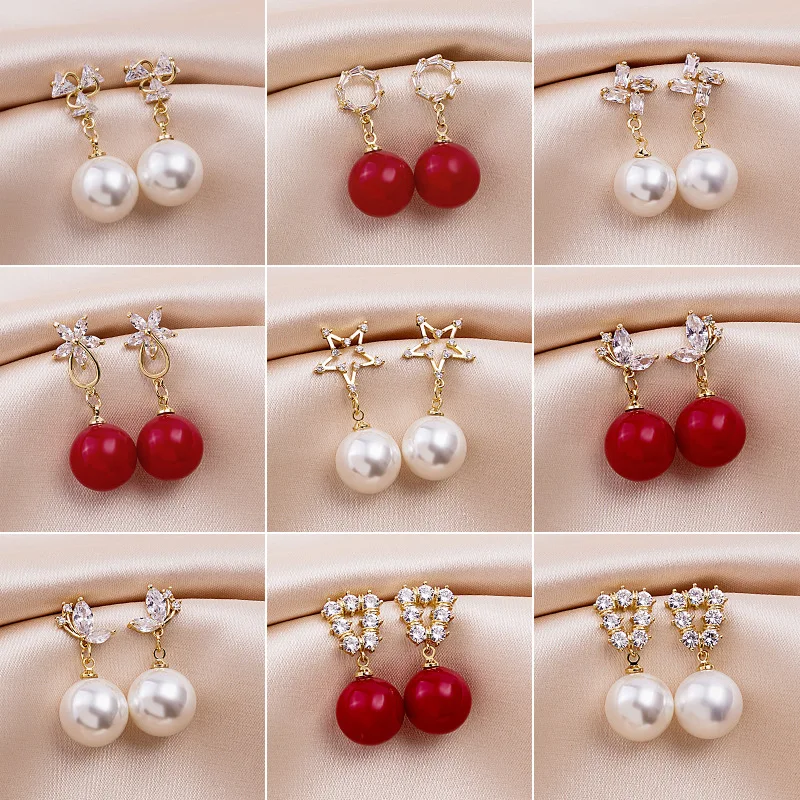 

925 silver temperament micro-inlaid zircon red pearl earrings