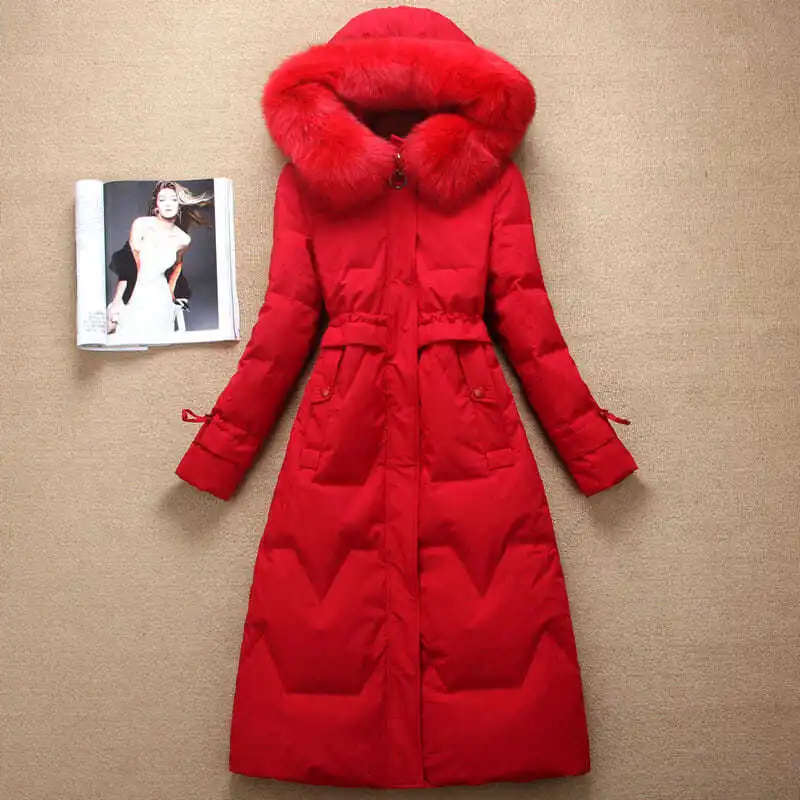 

2021 New Women's Winter Imitation Fox Fur Collar Down Jacket Fashion Korean Style Female Mid-length Over-the-knee Jacket K2012