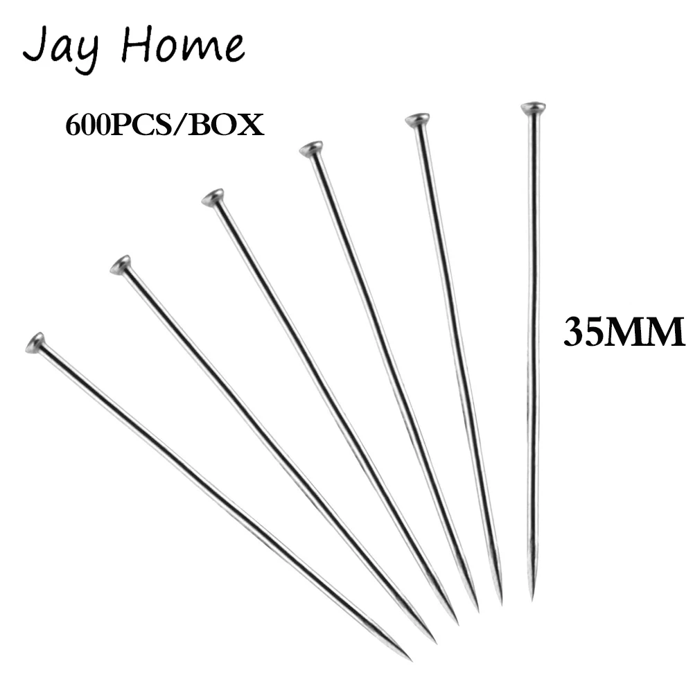 600 Uds alfileres de cabeza de acero inoxidable alfileres de satén fino con caja de almacenamiento para fabricación de joyería DIY artesanía de costura 35mm