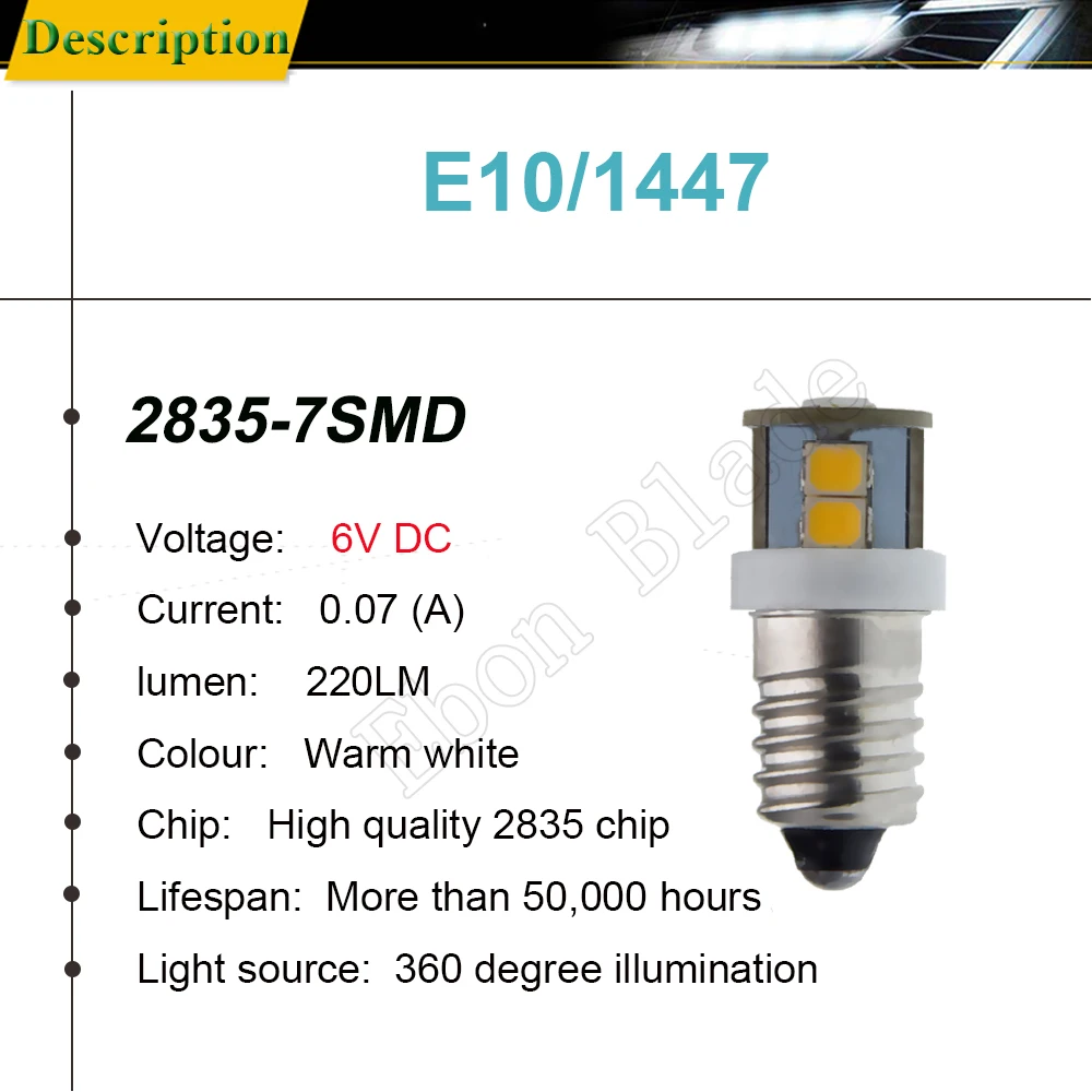 2Pcs E10 7 SMD 6 Volt 6V DC Screw LED Light Warm White 4300k MES Miniature Bulb 1447 Replacement For Flashlight Torch Bike Lamp