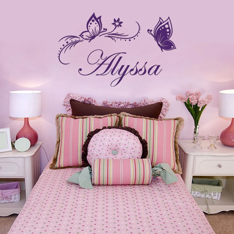 JJRUI Personalized Custom Name Flower Butterfly Dream Girls Bedroom Wall Stickers Vinyl  Home Decals 31.5x19.7in