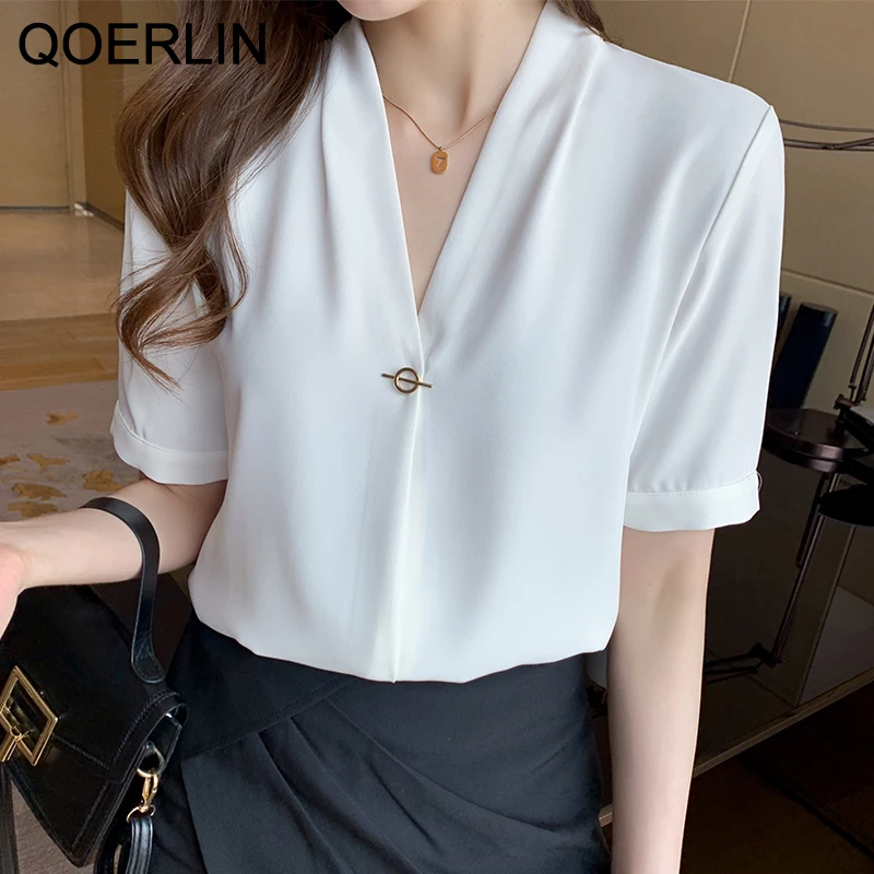 

QOERLIN Office 2021 White Tops Shirts Summer New Short Sleeve Chiffon Shirt Female Formal Loose Casual Chic Buttons Cuff Blouse