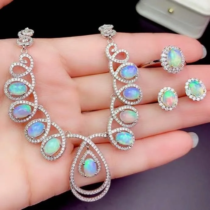 Natural Australian Opal Ring Necklace, ladies attend the wedding party. Variable colour 925 Sterling Silver