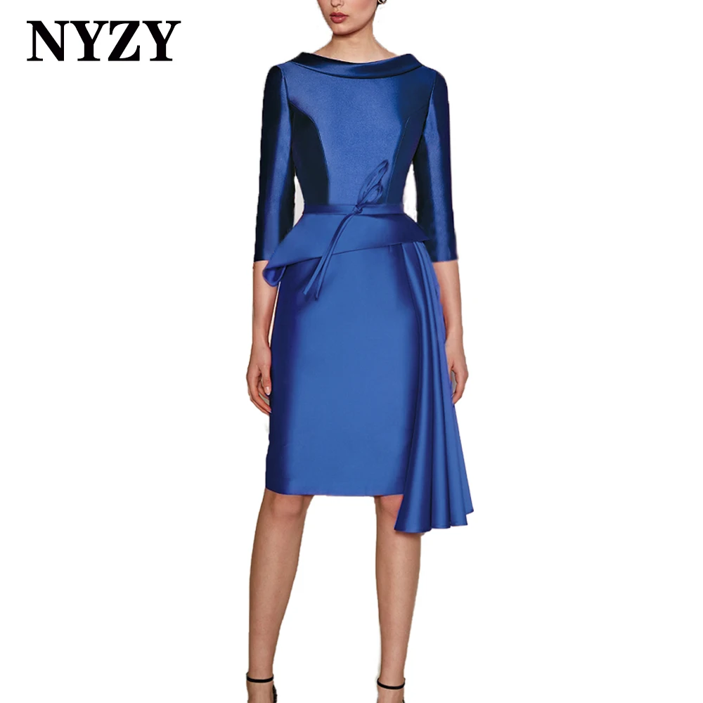 Nyzy m359b tigela pescoço cetim azul real mãe da noiva vestidos curtos 2021 vestido de festa casamento cocktail vestidos formales