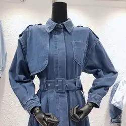 Frauen Denim Jacke Casual Einfarbig Mode Gürtel Büro Jacke Chic Epaulette Design Langen Graben Mantel 2021 Neue Ki4586