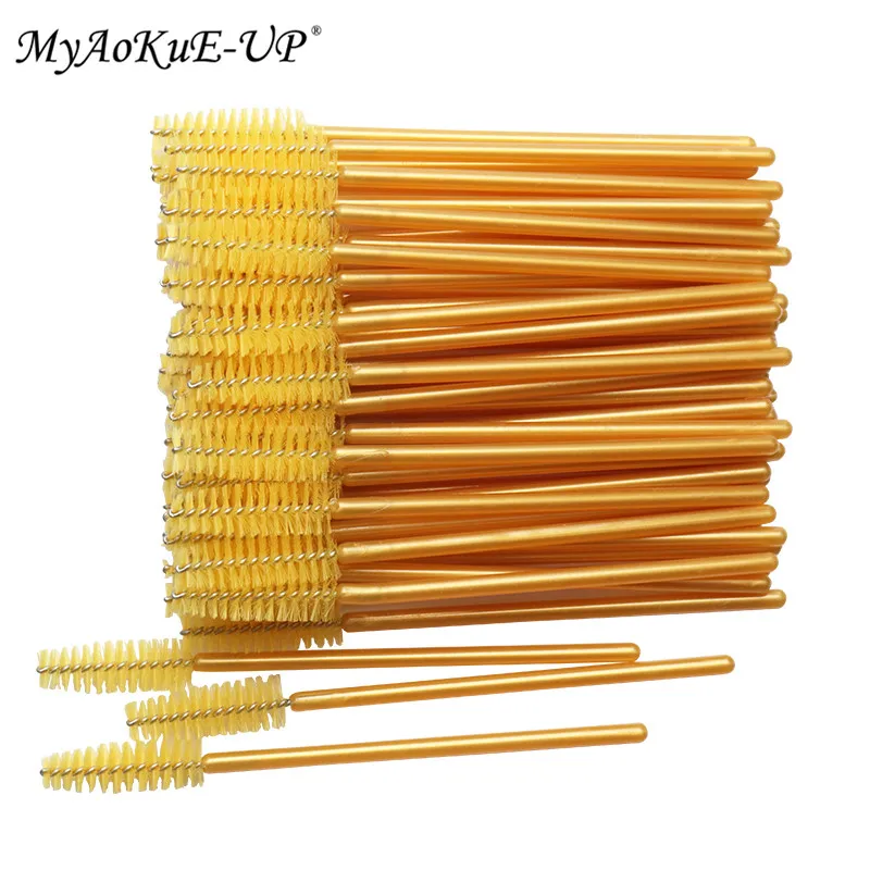 New Arrived 200pcs Golden Handle Yellow Brushes Nylon Disposable Mascara Wands Lashes Makeup Brushes Eyelash Extension