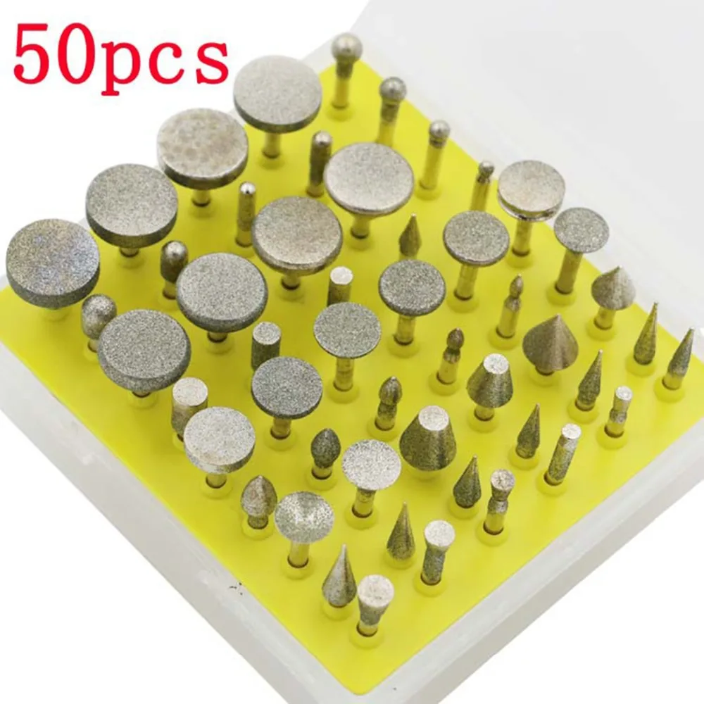 

50Pcs 120 Grit Diamond Grinding Head Carving Burr Rotary Tool 1/8-Inch Shank for Jewelry Glass Stone Ceramic Gemstones Lapidary