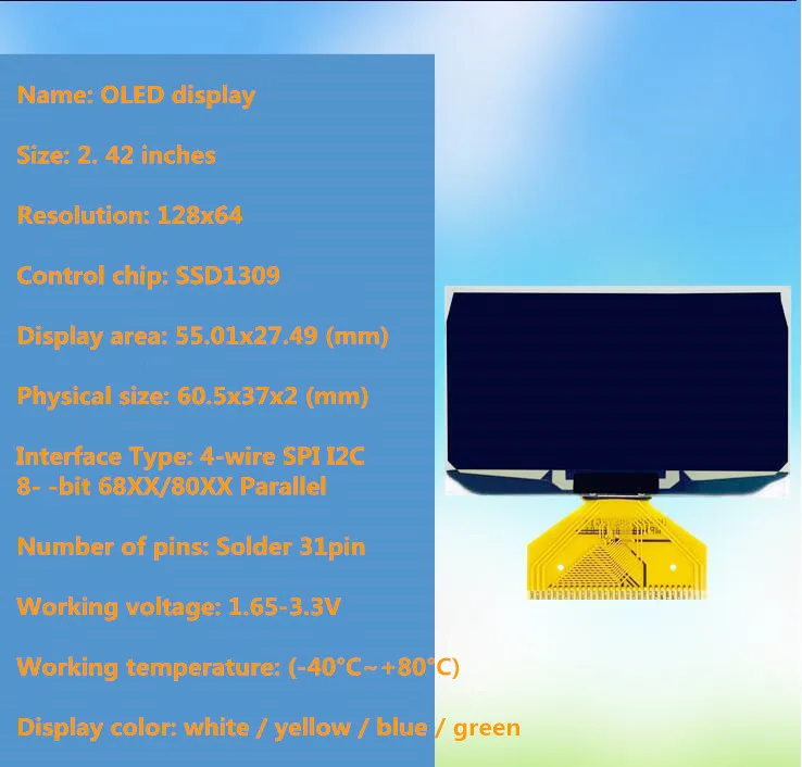 2 قطعة 2.42 بوصة OLED عرض 128*64 نقطة مصفوفة SSD1309 سائق UG-2864ASGPG14 لحام 31PIN الأخضر/الأزرق/الأصفر/الأبيض 12864 العرض