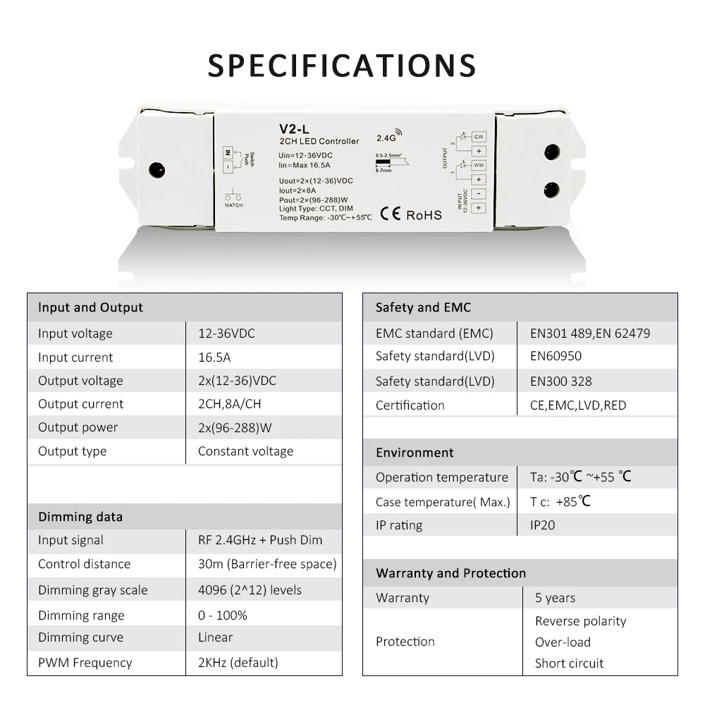WW CW LED Controller 12V 24V 36V 2CH 16A 2.4G Wireless Remote Control RF LED Dimmer Switch for CCT Daul White LED Strip Light
