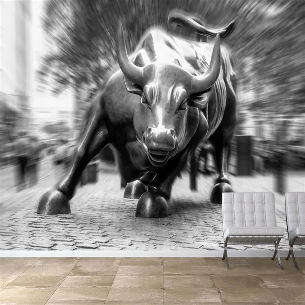 

Milofi professional custom 3D wallpaper mural Wall Street copper bull black and white background wall decoration painting wallpa