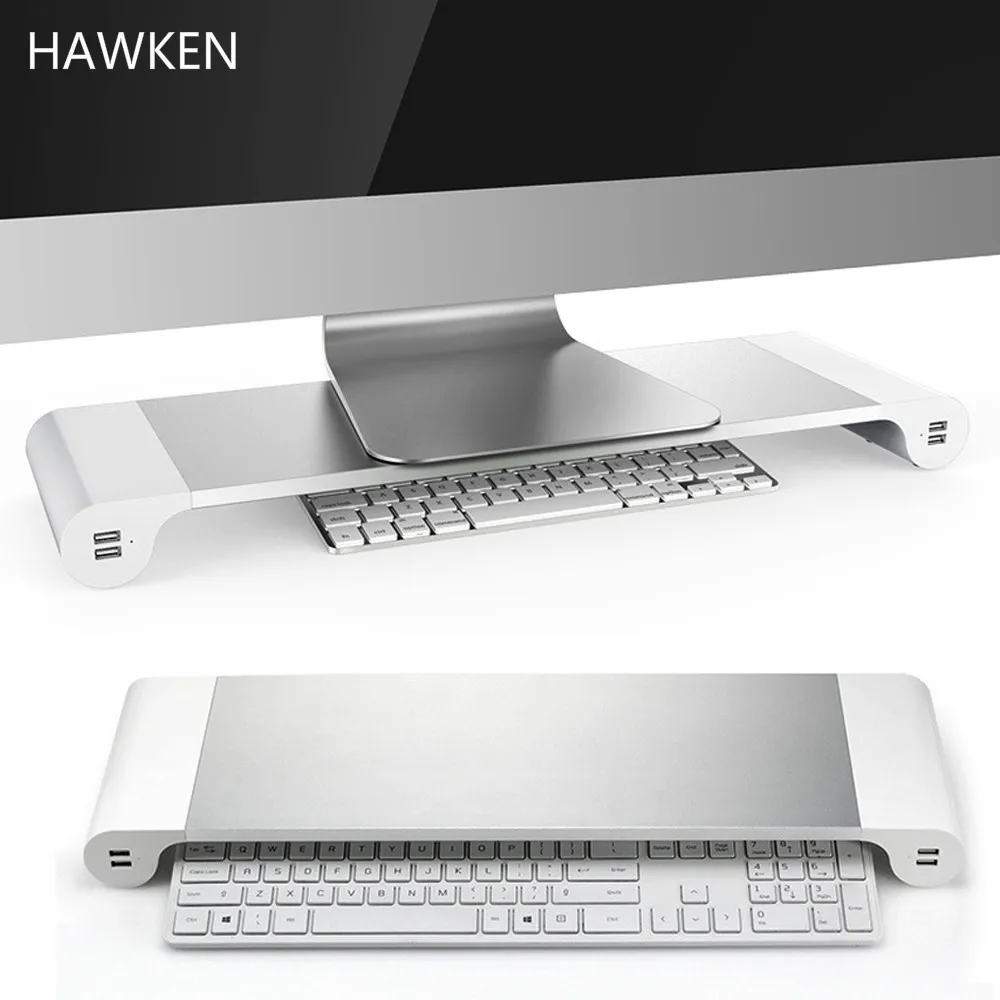 HAWKEN Aluminum Alloy  Monitor Stand Space Bar Cpmputer Table with 4 USB Ports for iMac MacBook Computer Laptop Below 20Inch