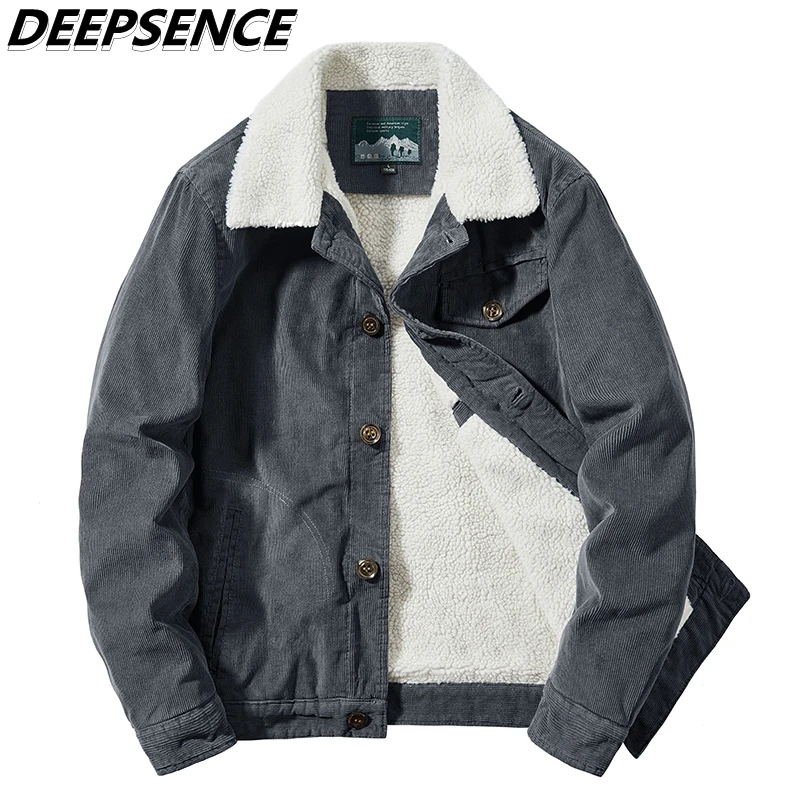 

Men Autumn Winter Fleece Denim Jacket Parka Cargo Cotton Clothes Men Corduroy Loose Fit Casual Lapel Jacket Parkas Men 6XL