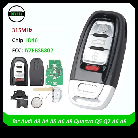DIYKEY 2009 2015 스마트 원격 키, 아우디 A3 A4 A5 A6 A8 콰트로 Q5 Q7 A6 A8 용 3 + 1 단추, 315MHz IYZFBSB802 DIYKEY 2009 2015 스마트 원격 키, 아우디 A3 A4 A5 A6 A8 콰트로 Q5 Q7 A6 A8 용 3 + 1 단추, 315MHz IYZFBSB802