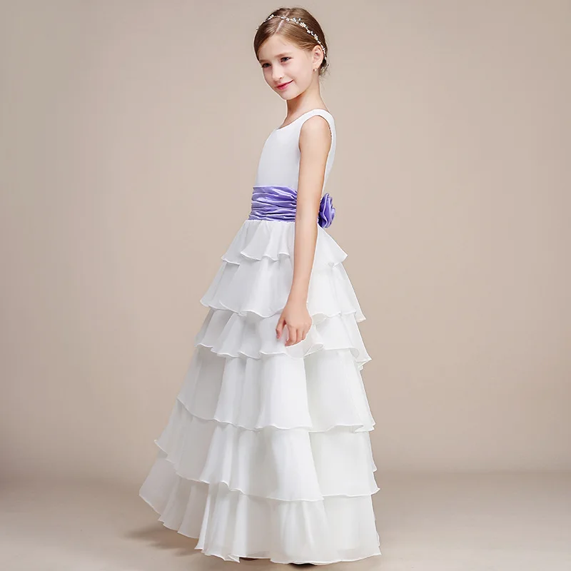 Dideyttawl Birthday Party Dress For Kids Girl Tier Formal Communion Princess Gowns White Chiffon Flower Girl Dresses For Wedding