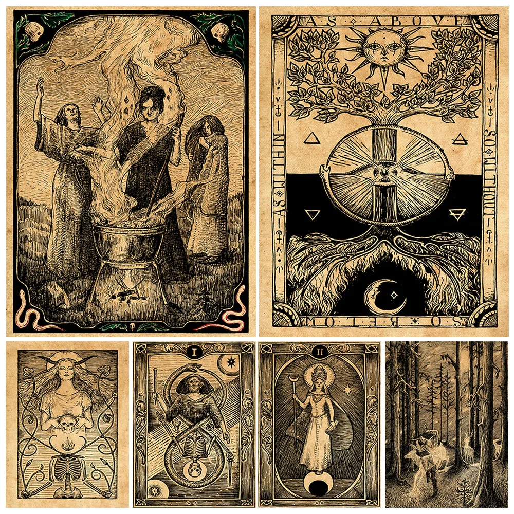 

Witch Wall Art Canvas Painting Ghost, Fallen Angel, Sun And Moon Goddess Retro Poster And Print Decoration Unframed