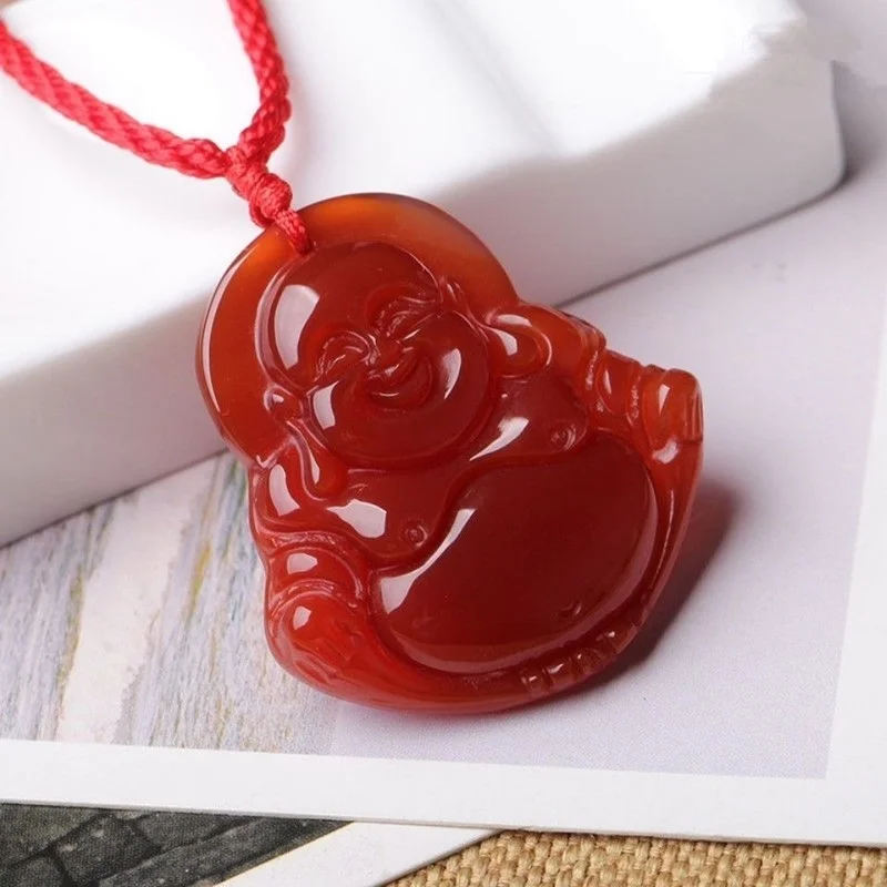 

Natural Ice Red Agate Laughing Buddha Pendant Jade Chalcedony Maitreya Female Benmingnian Amulet Pendant