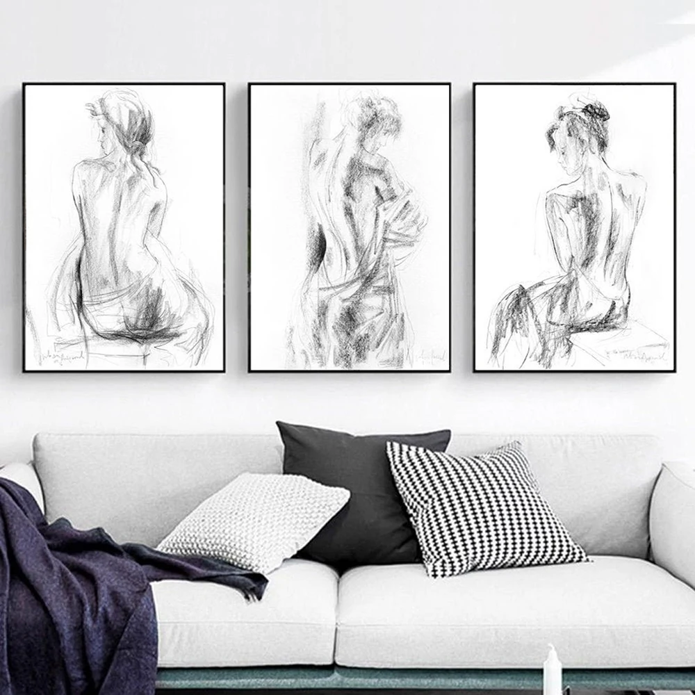 Abstract Female Art Canvas Painting Black and White Nude Sketch Woman Posters Hd Print Bedroom Decoration Wall Picture Decor