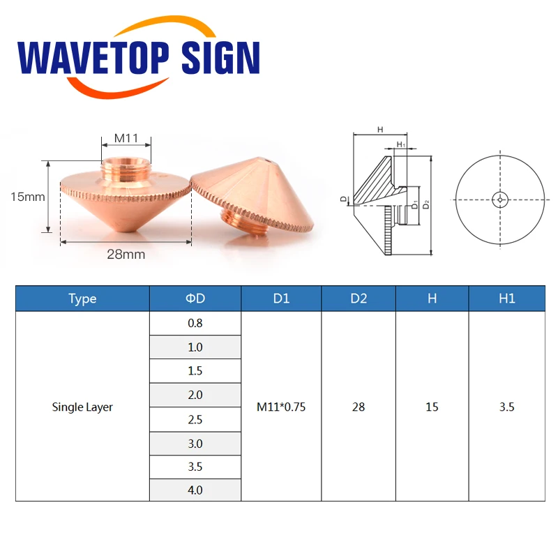 WaveTopSign Dia.28mm Laser Nozzle Single Double Layer Caliber 0.8-5.0 Thread M11 for Precitec WSX Fiber Laser Cutting Head