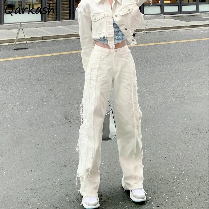 

White Jeans Women Denim Boyfriend Trousers Simple Loose Fashion Full Length Daily Vintage Ulzzang Leisure Teens Straight Design