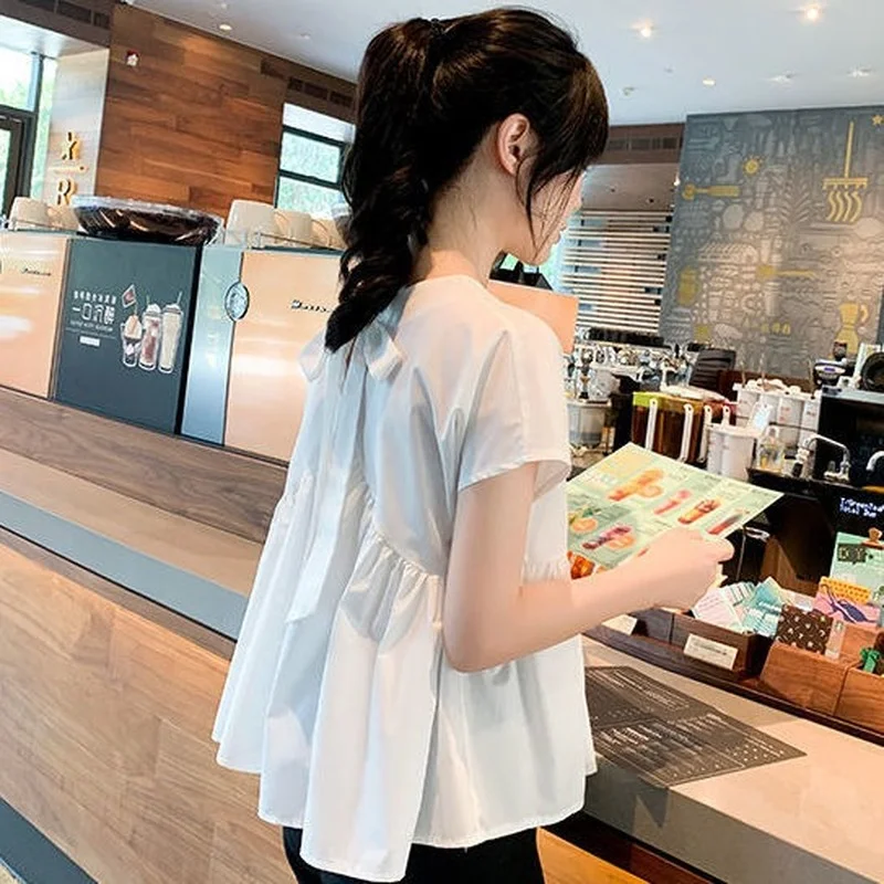 Blouses Women Loose Friend Ins Solid Summer Casual Aesthetic Back-bandage Design Stylish Soft Blusas Streetwear Preppy Korean