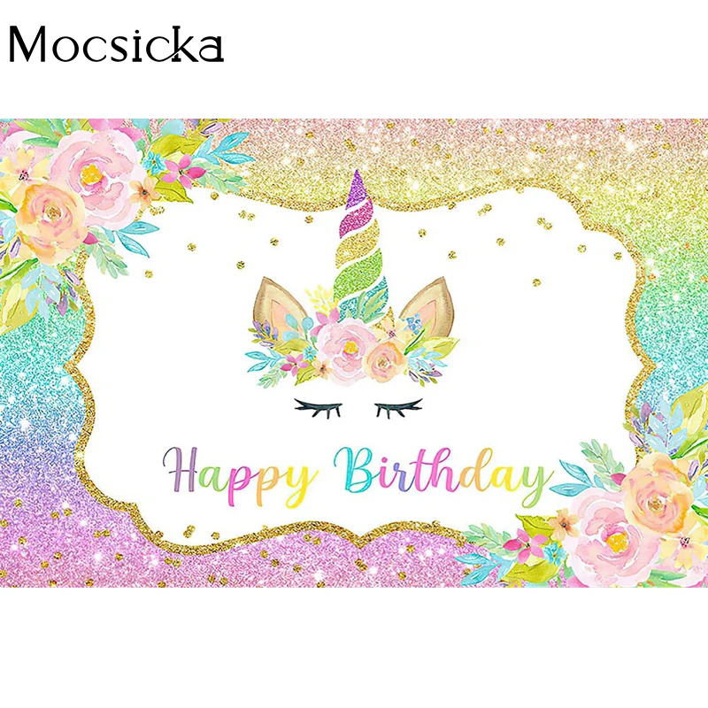 Mocsicka Unicorn Theme ถ่ายภาพพื้นหลังสีดอกไม้ประดับตกแต่ง Props วันเกิด Party ฉากหลังรูปภาพสตูดิโอ