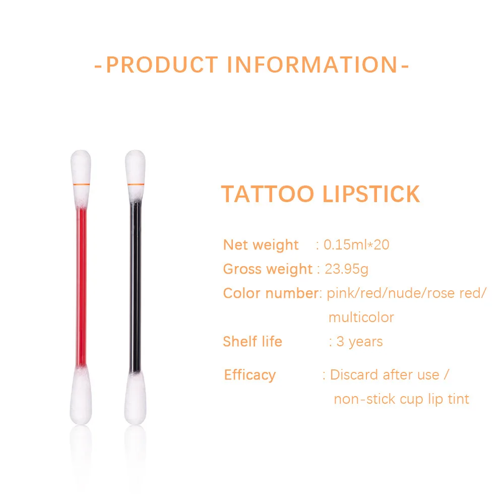 20PCS/BOX Tattoo Lipstick Cotton Swab Lip Tint Matte Liquid Lipstick Cigarette Case Lipstick Waterproof Matte Lip Gloss