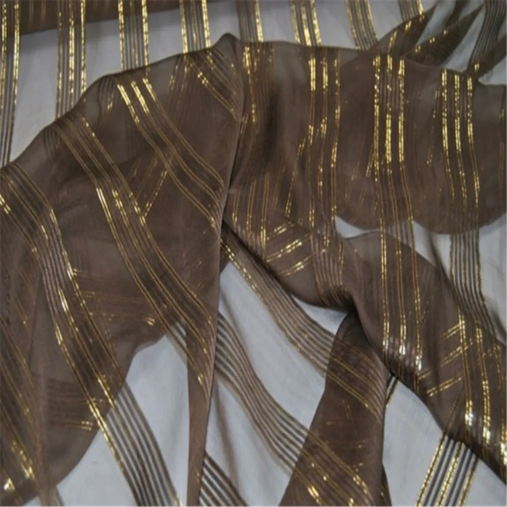 Special Silk Stripe Fabric in Plain Color with Gold Shiny Lurex Metallic Transparent for Fashion Charming Clothes