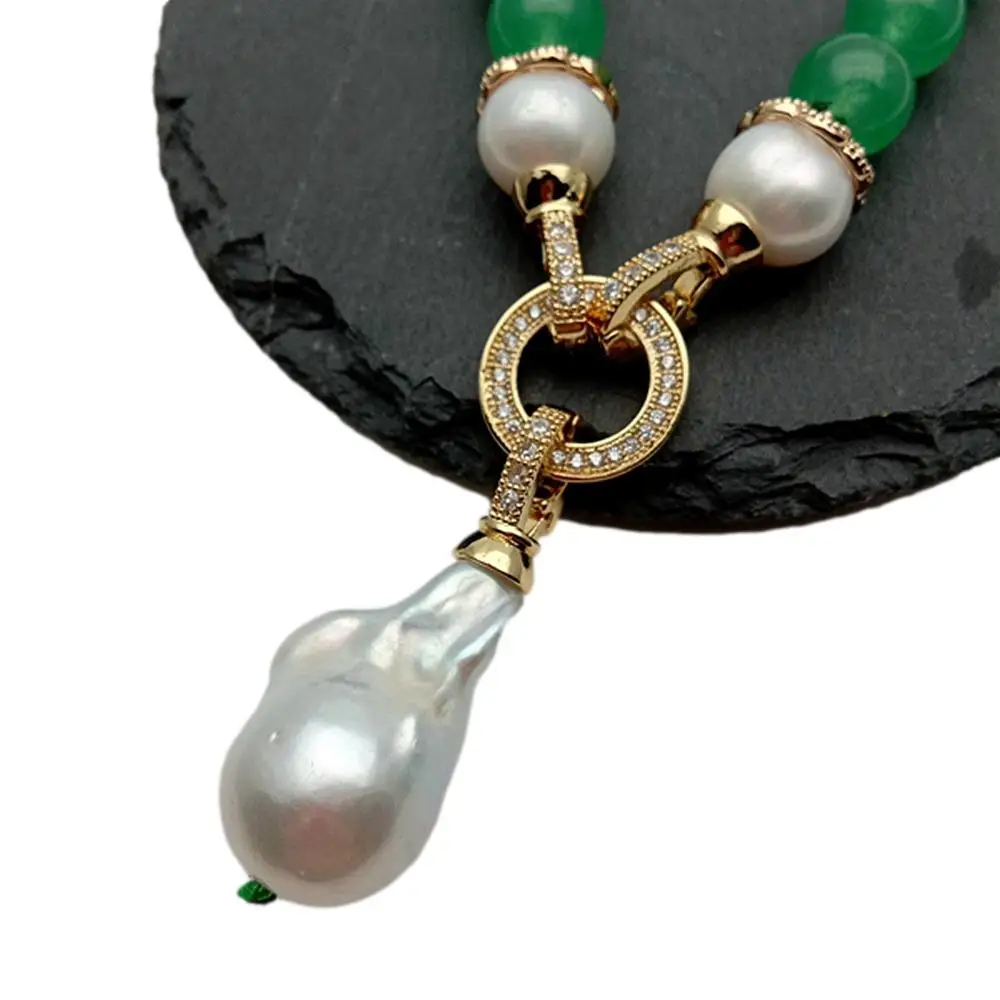 YYGEM 14x24mm white keshi Pearl Pendant 10mm Natural Green round jade Necklace view 6