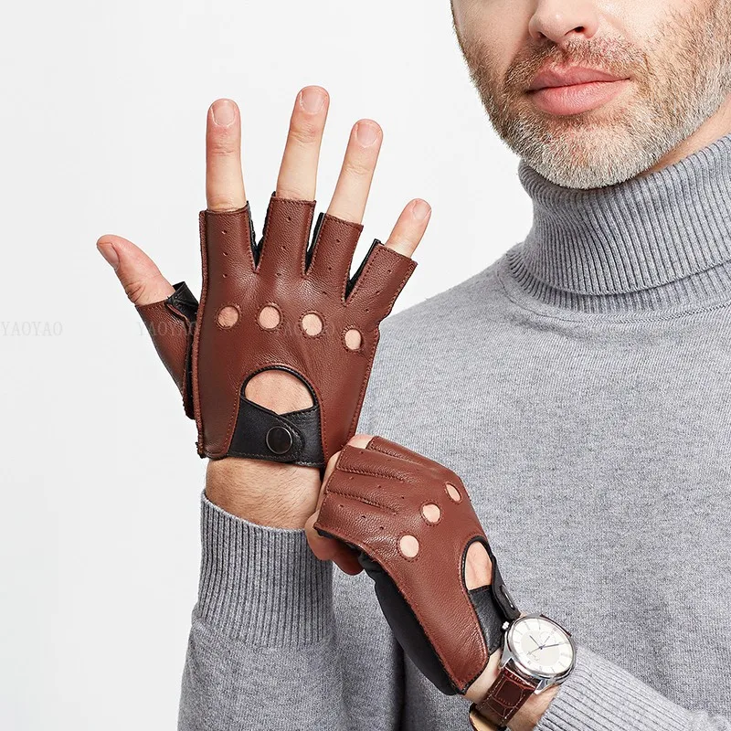 Guantes de medio dedo para hombre, manoplas delgadas de piel de oveja auténtica, color rojo/marrón/azul, para conducción, Primavera, mal100