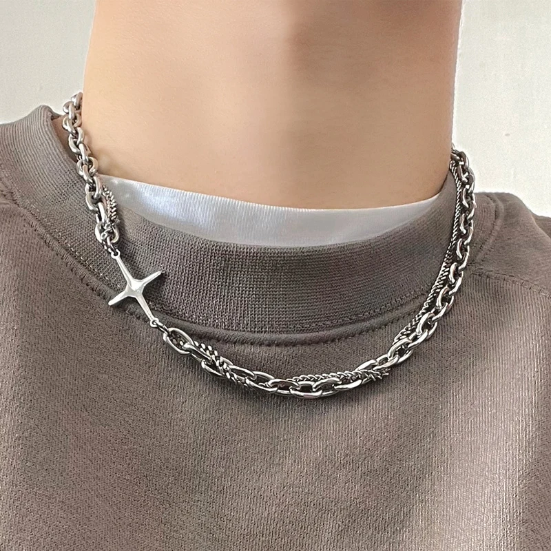 Hip Hop Stainless Steel Cross Necklace for Women Men Punk Double Layer Splicing Chain Necklaces Charm Trend Neck Jewelry Choker