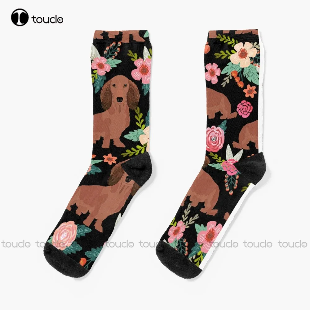 Dachshund Dogs With Flowers Socks Slipper Socks For Men Personalized Custom Unisex Adult Teen Youth Socks 360° Digital Print