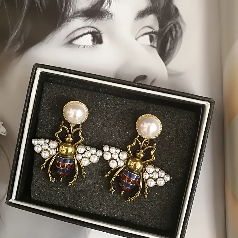 Luxury Crystal Pearl Bee Drop Dangle Earring Jewelry For Women Party Gift