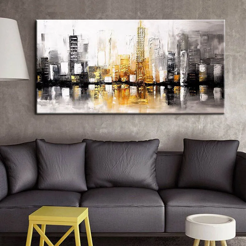 

100% Hand Painted Modern City Building Scenery Pictures For Home Abstract Oil Painting on Canvas Wall Art Room Decoration