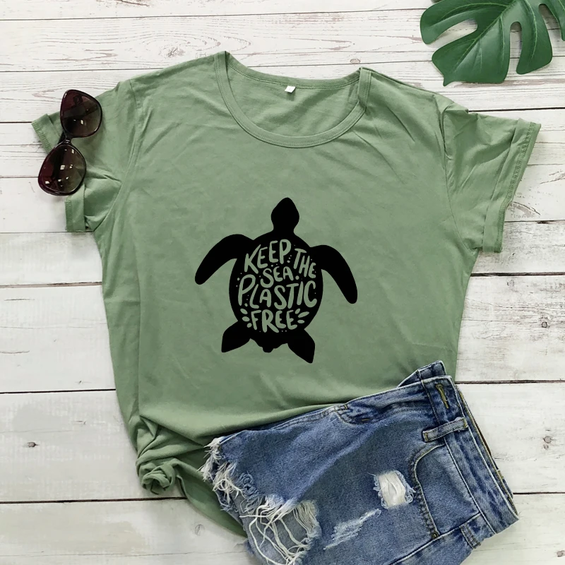 New Arrival Keep The Sea Plastic Free T-shirt Funny Save A Turtle Ethical Tshirt Trendy Women Short Sleeve Graphic Vegan Top Tee