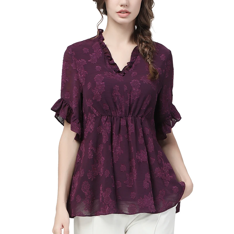 Elegant Cut Floral Chiffon Blouse Women Summer V-Neck Slim Look Loose Cinched Waist Tops Vintage Short Sleeve All-Match Shirts