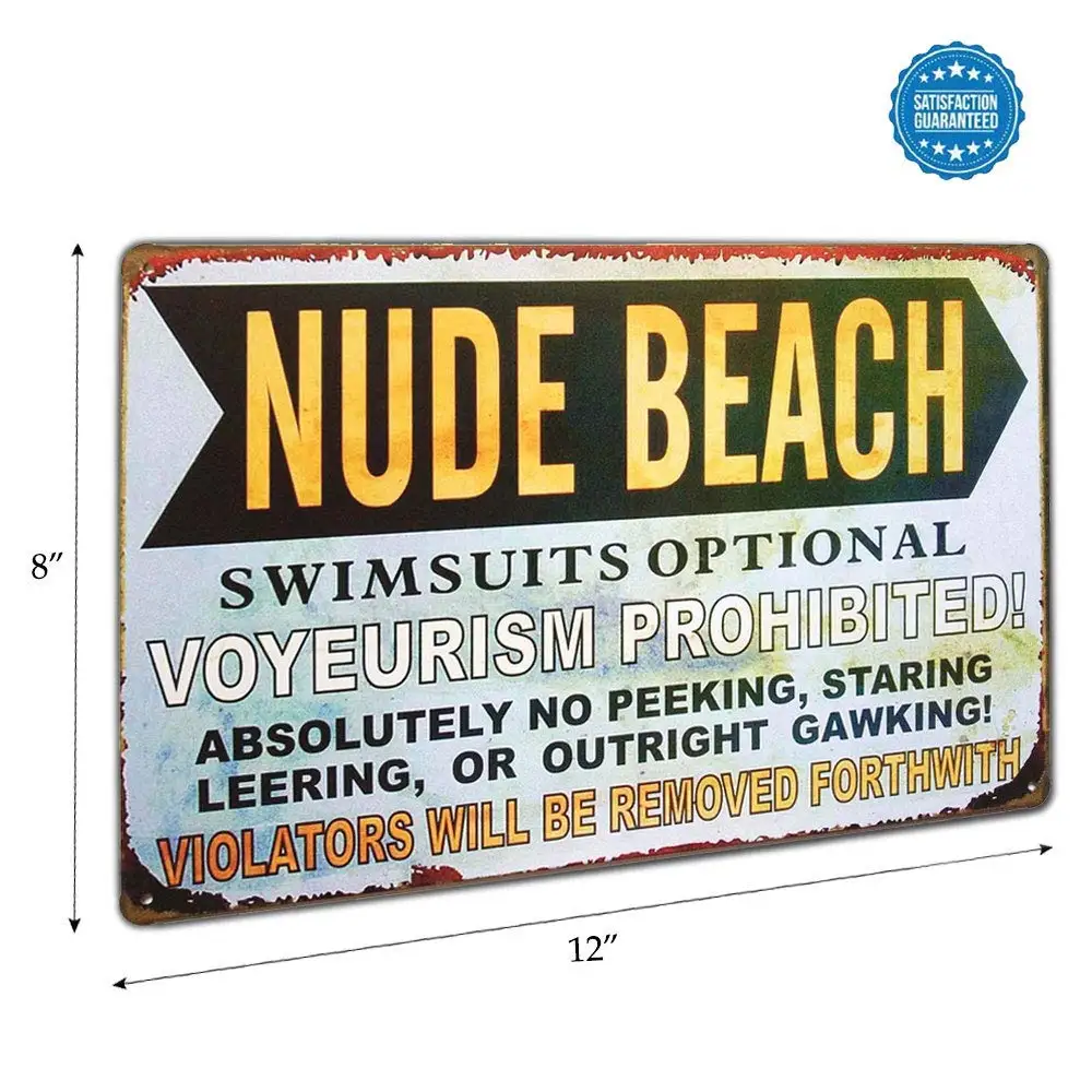 Nude Beach Swimsuits Optional Voyeurism Prohibited Metal  Vintage Plaque Home Wall Decor, 8X12 Inches