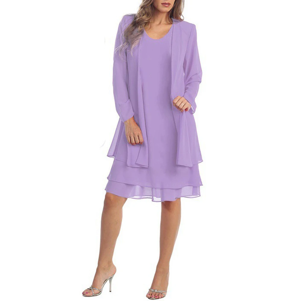 2-delige chiffon jurk set vrouwen casual lange mouw effen vest jurk elegante bruiloft avond feestjurken kleding vestidos
