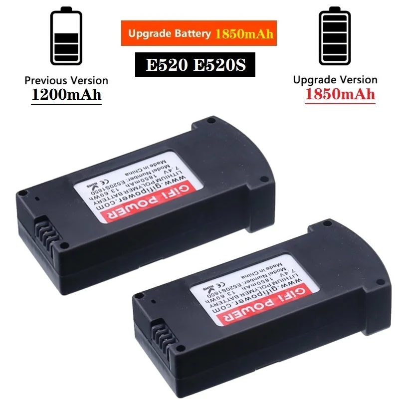 Upgrade 2Pieces 7.4V 1200mah to 1850mAh LiPo Battery For E520 E520S JD-22S RC Quadcopter Spare Parts 7.4V Battery For E520 Drone