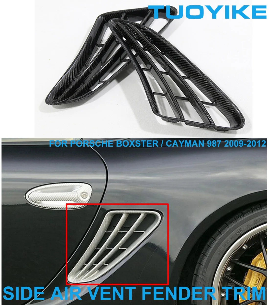 Car Styling Real Dry Carbon Fiber Side Fender Fin Vent Splitter Trim Cover Sticker For Posche Boxster 987 Cayman 987 2009-2012