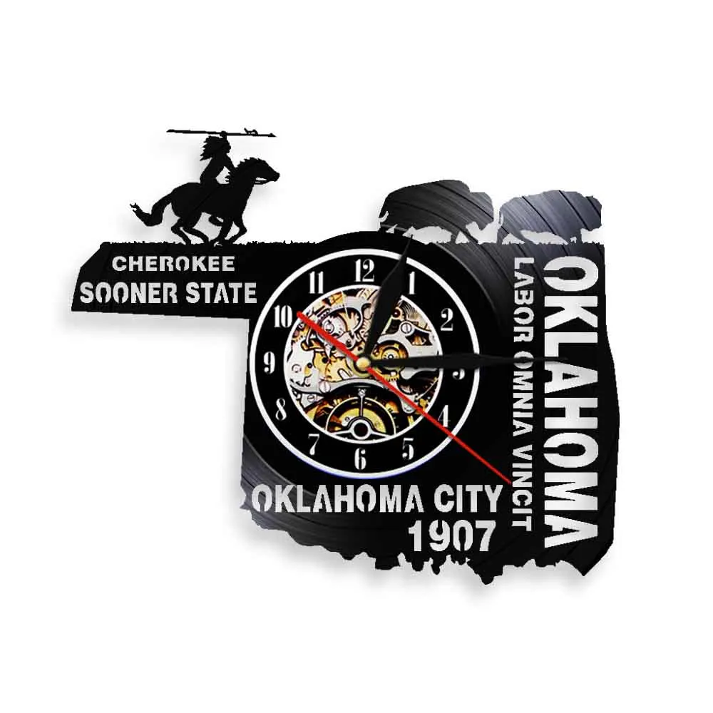 Labor Omnia Vincit Oklahoma Symbols Vinyl Record Wall Clock USA Geography Cherokee Sooner State Retro Music Album Longplay Clock