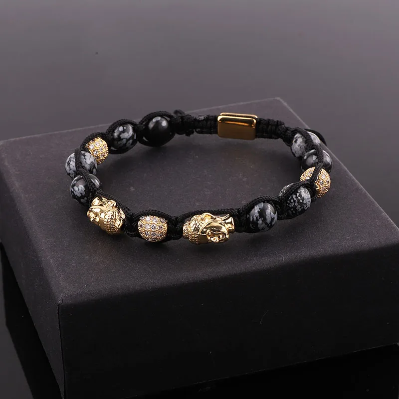 New Design Natural Stone CZ Pave Charm Gold Plating Buddha Friendship Macrame Adjustable Bracelet Men Women