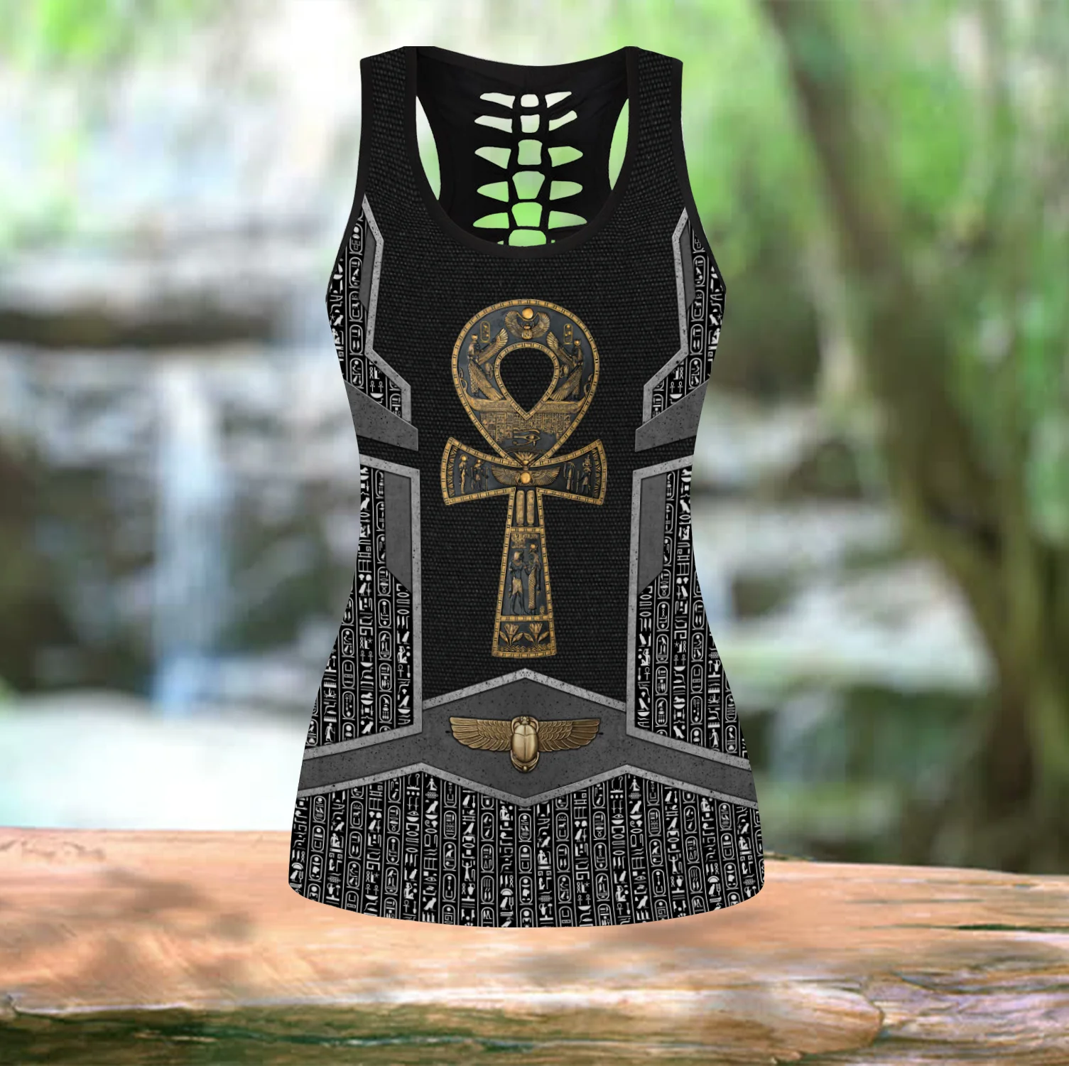 Ankh Key Van Leven Oude Egyptische 3D Print Hollow Tank Top & Leggings Set Fitness Vrouwelijke Volledige Lengte Leggings Yoga broek LKB-21