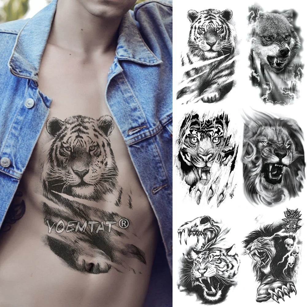 

Sketch Tiger Temporary Tattoo Sticker Lion Wolf Waterproof Tatto Warrior Soldier Wings Body Art Arm Fake Tatoo Men Women