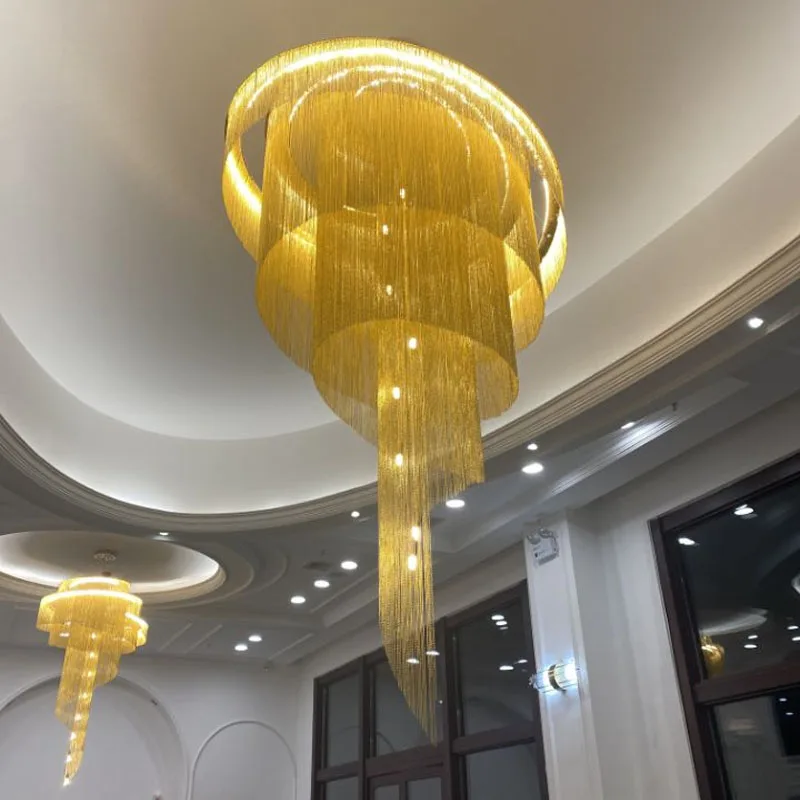 

Postmodern Chandelier Villa Living Room Long Hanging Lighting Hotel Exhibition Hall Golden Project Tassel Spiral Pendant Lamps