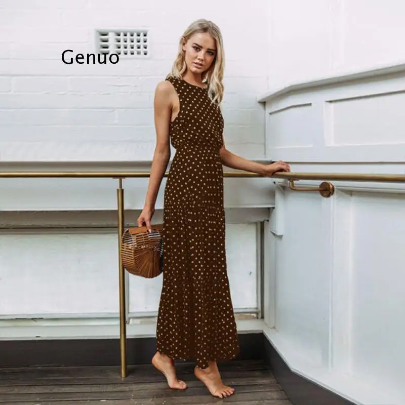 Women Summer Boho Casual Sleeveless Dress Homewear Polka-Dot Party Beach Long Maxi Navy Dress Sundress